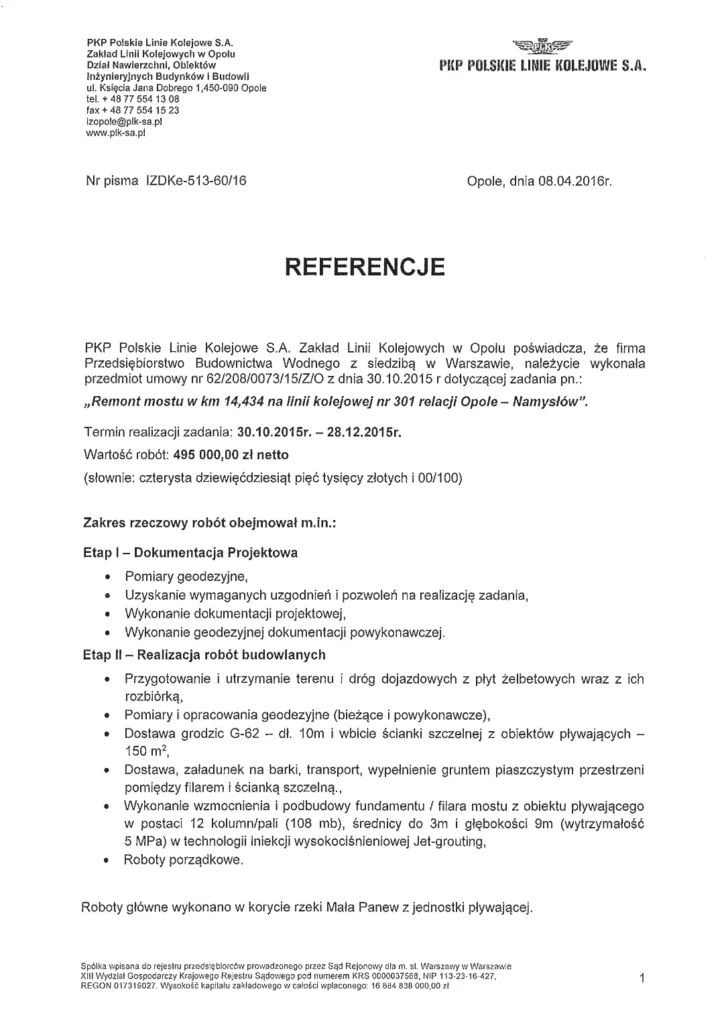 Referencje wystawione przez PKP w Opolu dla PBW – remont mostu na linii kolejowej nr 301 relacji Opole - Namysłów.