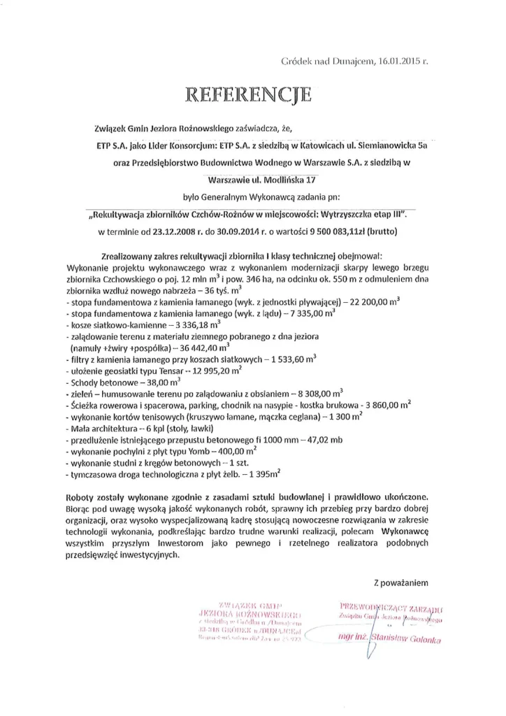 Referencje wystawione przez Związek Gmin Jeziora Rożnowskiego dla PBW – rekultywacja zbiorników Czchów Rożnów w miejscowości Wytrzyszczka.